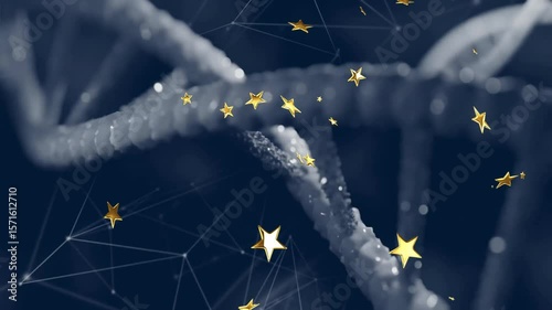 Upon start, rotating DNA helix drifting while golden stars swirling visualizing data network