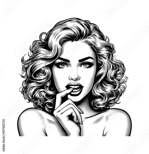 Vintage Style Pinup Woman with Curly Hair Bites Finger in Engraved Black and White Illustration
