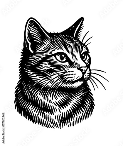 Close up headshot of a domestic cat with a serene expression, black and white engraving