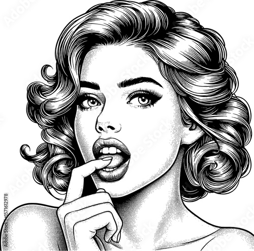 Intrigued Woman with Finger on Lips in Detailed Black and White Engraved Art Style