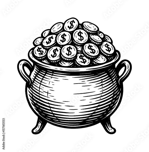 Pot of Gold Coins, Black and White Illustration, Pot with Money, Treasure, Wealth