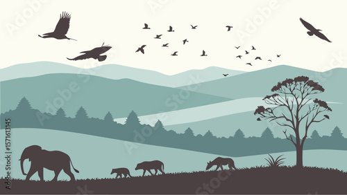 Silhouette of african wildlife with birds flying over layered mountains and a tree on the horizon line