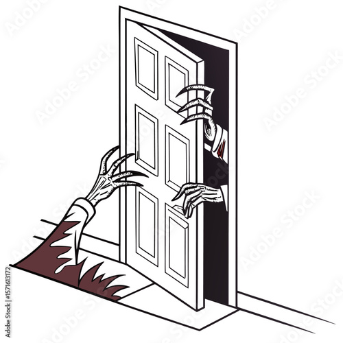 A door is being opened by skeletal hands with long claws reaching out from the darkness behind it