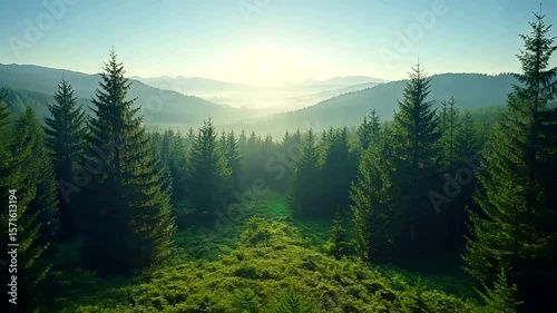 Majestic Sunrise Over Evergreen Forest: A Serene and Scenic Mountain Landscape