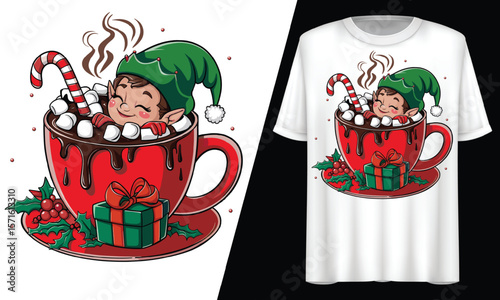 Christmas  Elf in a Red Mug Filled with Hot Chocolate, T-Shirt Design.