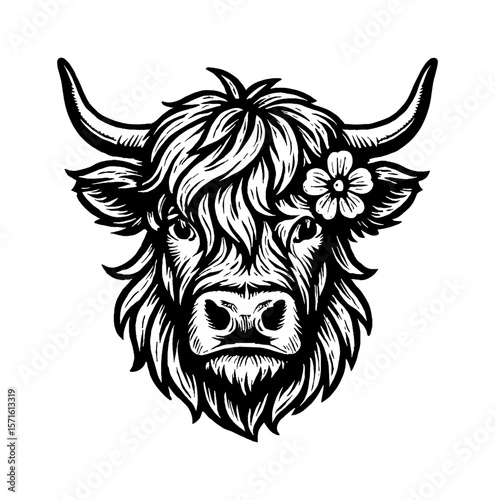 Detailed Black and White Engraving of a Highland Cow Head with Flower
