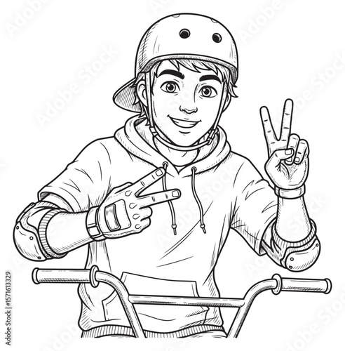 Young Man on Bicycle Making Peace Sign - Black and White Line Art Illustration