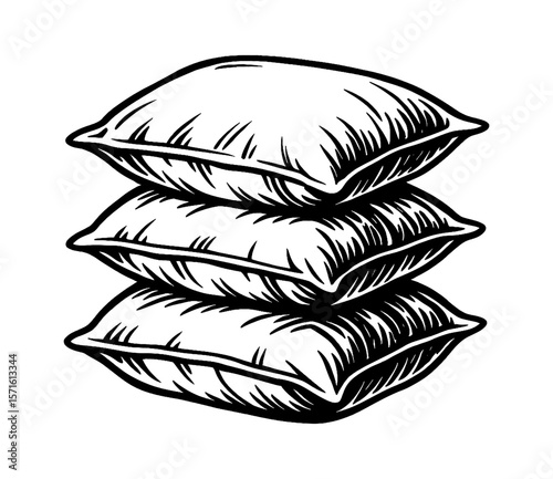 Stack of Three Square Pillows in Black and White Line Art Illustration Style
