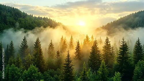 Majestic sunrise over foggy forest landscape, sunlight peeking through the trees