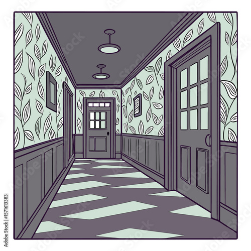 A stylized illustration of a dimly lit hallway with patterned wallpaper paneled walls multiple doors and a geometric floor design leading to a distant doorway