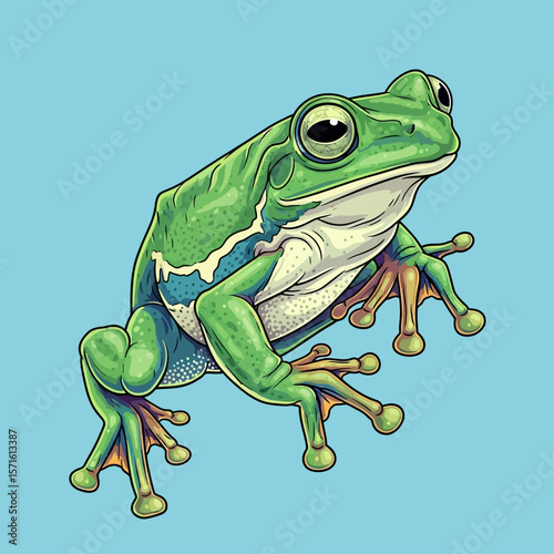 A detailed illustration of a vibrant green tree frog, showcasing its textured skin and expressive eyes against a light blue background.