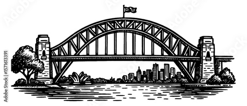 Black and White Illustration of the Sydney Harbour Bridge with Cityscape