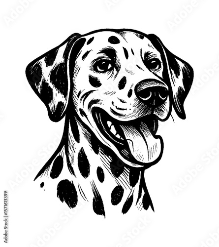 Smiling Dalmatian Dog Head with Tongue Out Black and White Detailed Vector Illustration