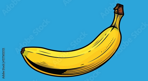 A vibrant yellow banana illustration against a bright blue background.