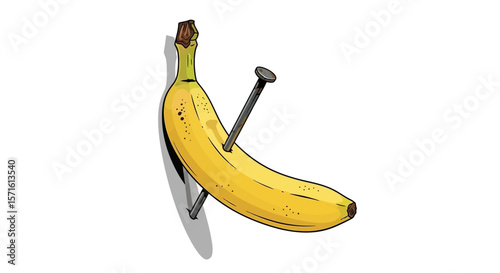 A yellow banana pierced by two nails, mounted on a white background.
