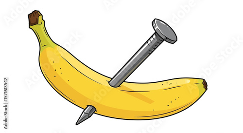 A yellow banana has been pierced by a silver nail, protruding from both sides of the fruit.