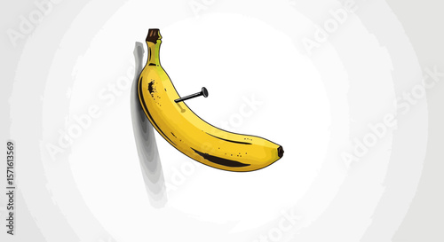 A ripe banana impaled by a nail hangs against a stark white background.