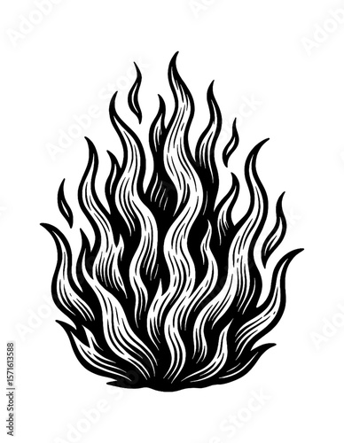Stylized Black and White Flame Illustration in Engrave Style