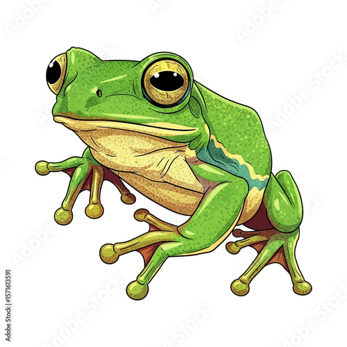 Illustration of a bright green tree frog with large eyes, poised and ready to leap.