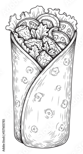 Hand-Drawn Illustration of a Delicious Wrap with Various Fillings