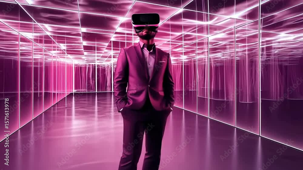 Man in VR headset explores futuristic glowing pink virtual reality world tunnel