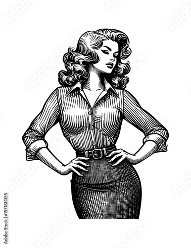 Elegant Woman in Striped Shirt and Pencil Skirt with Hands on Hips in Engraving Style