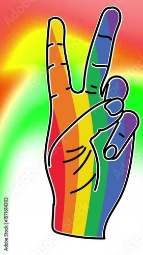 Animation of rainbow peace gesture over colourful background