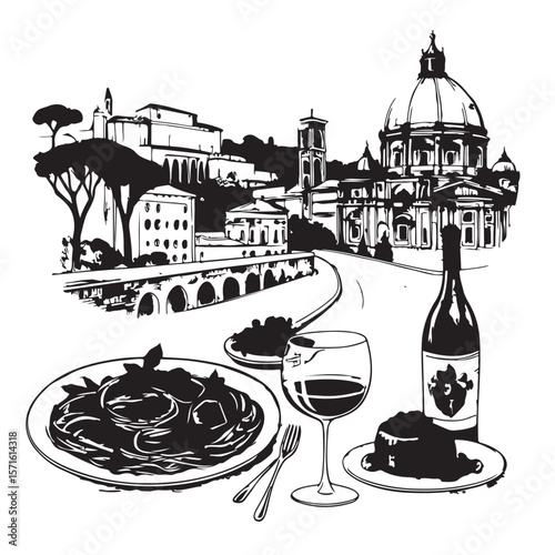 La dolce vita italian sicily style. Hand drawn ink line food and wine or champagne drawings. Sketch style lunch or dinner Illustrations for wedding invitations, cafe or restaurant menus and .