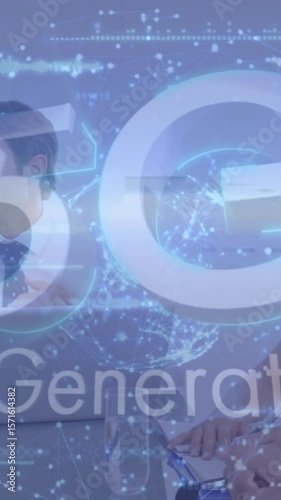 Animation of 5g, 5th generation text, globe over multiracial coworkers discussing in meeting