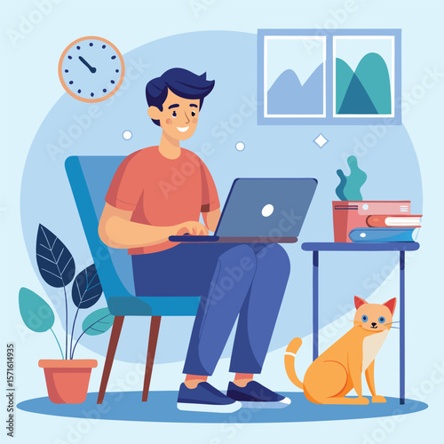 Man working remotely at home with his laptop and a lovely cat companion.