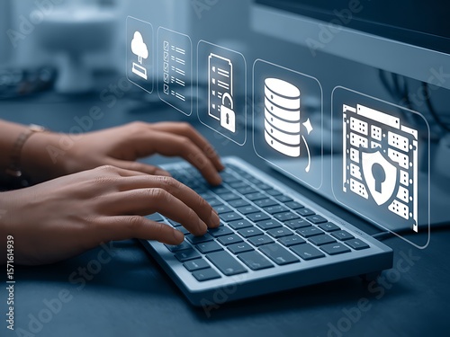 Typing on keyboard with digital security icons hands