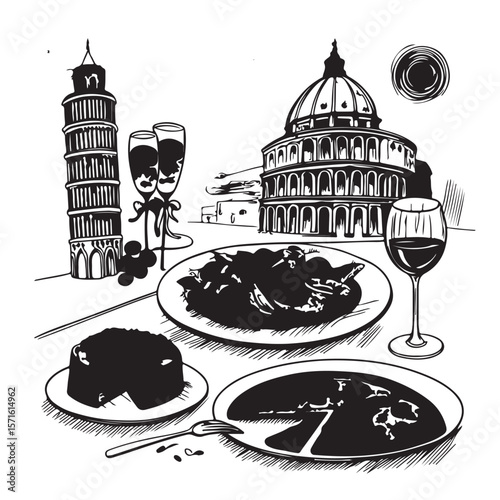 La dolce vita italian sicily style. Hand drawn ink line food and wine or champagne drawings. Sketch style lunch or dinner Illustrations for wedding invitations, cafe or restaurant menus and .