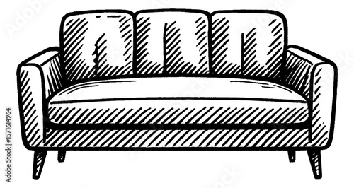 A vintage sofa illustration with armrests and cushions in black and white vector drawing