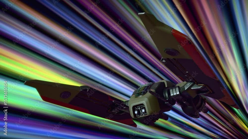 3d animation of sci-fi military spaceship warp drive travel explores space at high speed flies into neon energy portal tunnel making hyper jump, teleportation to new unknown world, another galaxy.