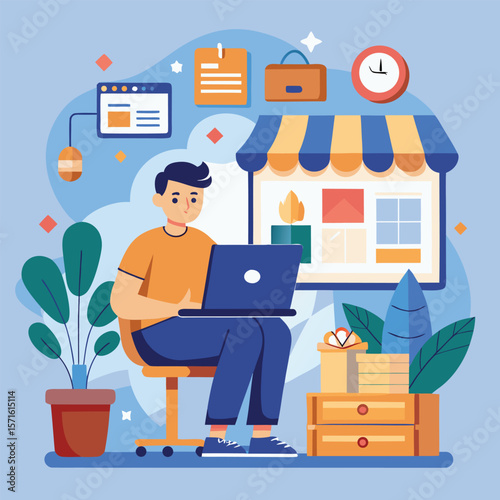 Man working online at home office with laptop and online store design