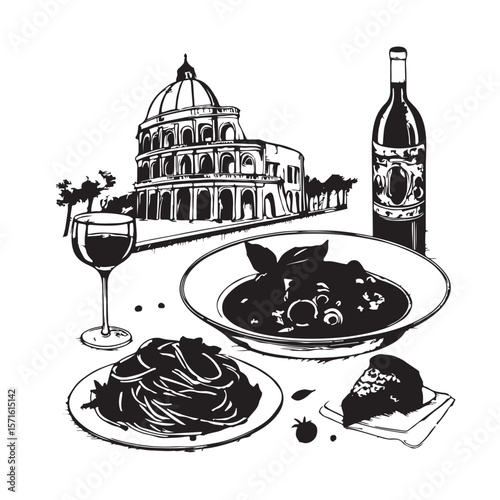 La dolce vita italian sicily style. Hand drawn ink line food and wine or champagne drawings. Sketch style lunch or dinner Illustrations for wedding invitations, cafe or restaurant menus and .