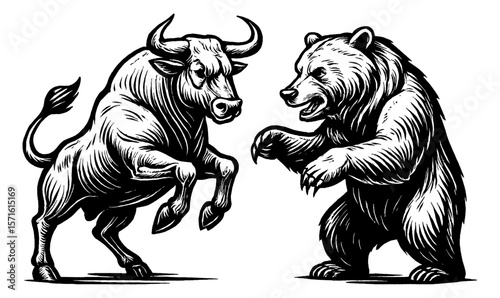 Bull and Bear Facing Each Other in Black and White Line Art Illustration Style