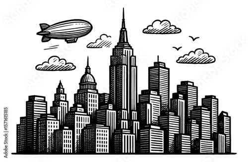 Skyline of New York City with Skyscrapers, Clouds and Dirigible in Engrave Style Black and White
