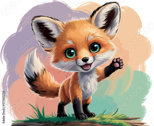 an incredibly cute baby fox with large, expressive eyes, waving its paw, set against a backdrop of soft, abstract pastel colors. 