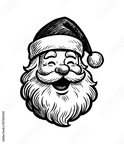 Santa Claus Smiling Face Black and White Illustration Detailed Line Art Drawing Engraving