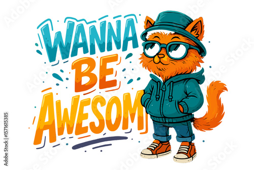 Cat character in glasses wearing hoodie and sneakers promotes confidence and positivity in fun, colorful design