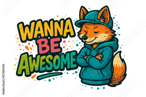 Wanna be awesome fox character wearing a hoodie with vibrant colors and playful expression