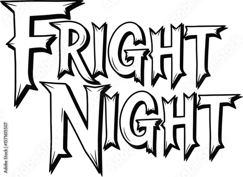 The words fright night in a spooky font outlined in black on white paper