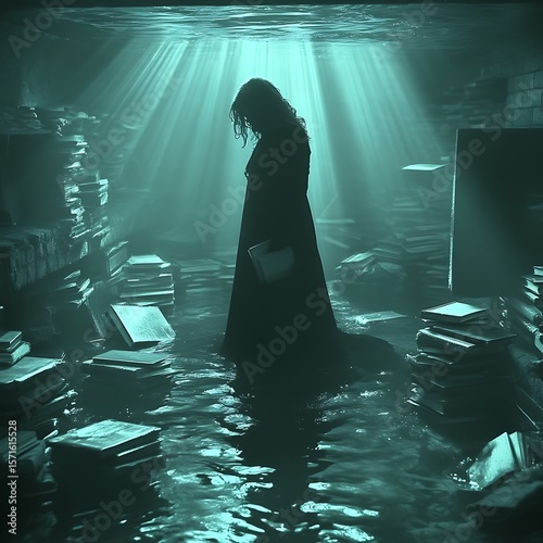 A figure in somber attire walks through an underwater library, surrounded by submerged books, illuminated by ethereal light