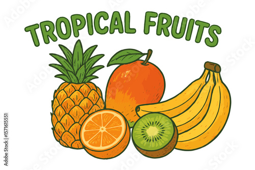 Colorful tropical fruits illustrated with a vibrant design showcasing pineapple, mango, banana, and kiwi in an artistic arrangement