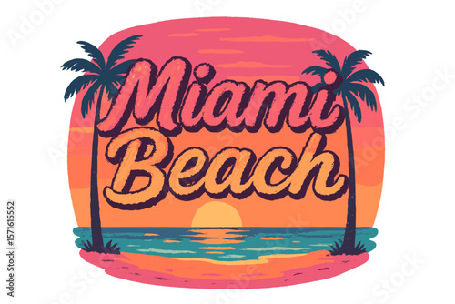 Vibrant sunset over Miami Beach with palm trees silhouetted against colorful sky