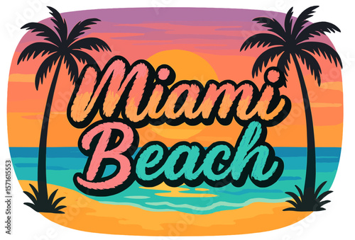 Colorful Miami Beach sunset with palm trees and vibrant ocean waves on a tranquil evening