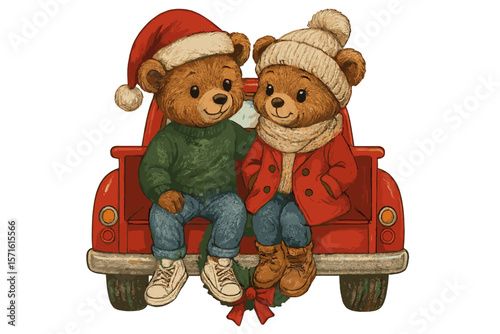 Cute bears in holiday attire sharing a warm moment on a red truck during winter