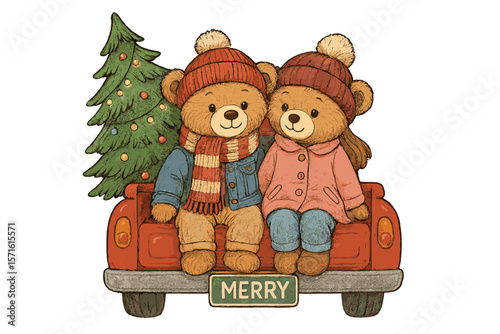 Cute bears sitting on a red truck tailgate during the holidays with a Christmas tree in the background