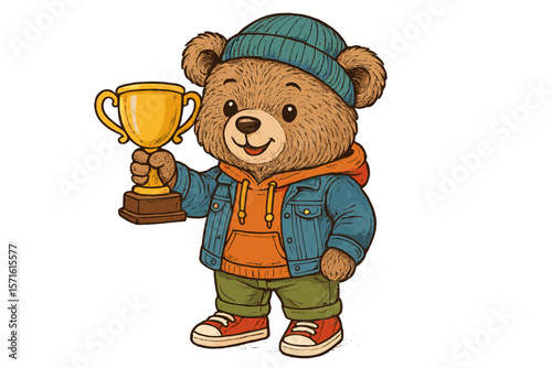 Cute bear celebrating with a trophy in a cozy outfit, showcasing joy and achievement in an animated style